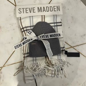 Steve Madden Gray Beanie Hat & Plaid Fringed Scarf Set